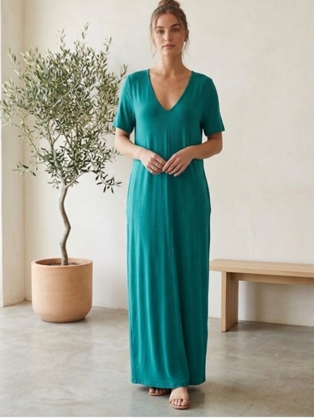 Zenana Premium Teal Green Maxi Dress Large V-Neck Short Sleeve Pockets Boho Soft
